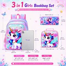 3pcs/Set Girls Cartoon Unicorn Floral Blue Wings Adjustable Shoulder Strap Zipper Closure Cute Style Backpack Set, Suitable For Back To School And Daily Outings - Pink - View 4