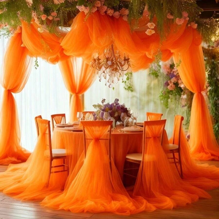 1pc Romantic 393 Inch Deep Orange Tulle Fabric, Long Solid Color Tulle Curtain, 100% Polyester Fabric, Multi-Purpose Party Backdrop, Suitable For Wedding Arch, Home Decor, Wedding Arch Backdrop, Baby Shower Decor, Purple Arch Fabric, Home Decor, Birthday Wedding Party - Dark Orange - View 1