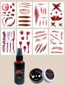 Halloween Makeup Prank Party Blood Paste Tattoo Ink Fake Scar Making Non-Drip Fake Blood + Halloween Red Scar Stitching Blood Hole Pattern Tattoo Sticker Set - Red - View 3