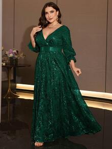 XUIBOL Elegant Plus Size Gold Sequin Evening Gown, Deep V-Neck, 3/4 Flare Sleeves, Waist Tie, Suitable For Formal Evening Occasions - Dark Green - View 2