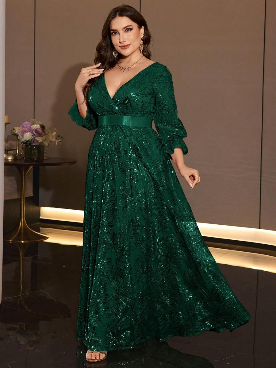 XUIBOL Elegant Plus Size Gold Sequin Evening Gown, Deep V-Neck, 3/4 Flare Sleeves, Waist Tie, Suitable For Formal Evening Occasions