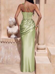 Robe élégante et sexy à une épaule avec découpes, robe d'été plissée longue et dos nu à la mode, robe de soirée vert foncé pour femmes - Vert - Voir 6
