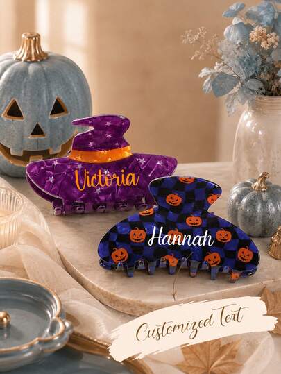 Personalized Halloween Hair Claw Clip, Custom Engraved Name, Spooky Pumpkin Witch Hat Hair Accessories Birthday Party Gift For Her, Custom Name Gift
