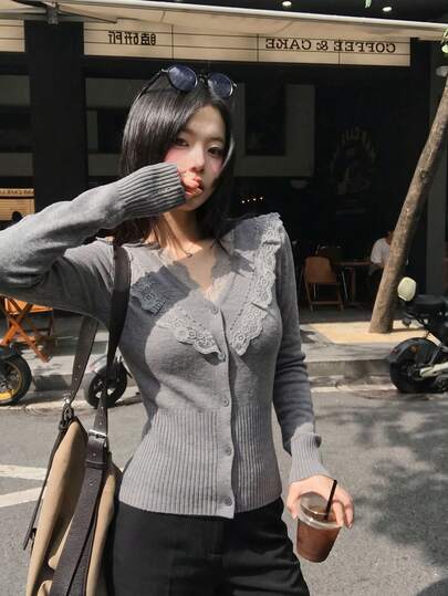 2026 Autumn/Winter French Gentle Style Grey Lace Ruffle V-Neck Knit Cardigan, Ribbed Waist Elastic Knit Fabric Fall