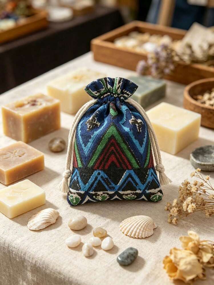 40/10pcs Linen Drawstring Pouches, Small Fabric Scented Bags, Colorful Geometric Traditional Print, Soft Rope Closure, Durable Foldable Gift Bags, Suitable For Home, Office, Wedding, Party, Jewelry, Handmade, Market Stall And Travel Storage, Christmas Decor, Christmas Home Decor, Christmas Gift Bags - Multicolor - View 2