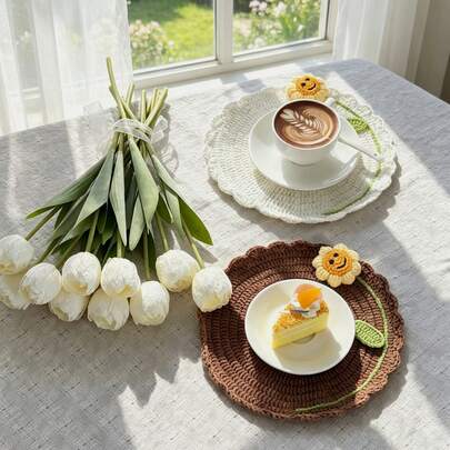 1/2/4 buah Alas Piring Makanan Motif Bunga Matahari Anyaman Gaya Korea dengan Wajah Tersenyum, Alas Meja Gaya Pedesaan Nordik