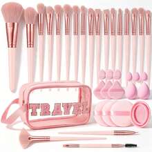 36 Pcs/1 PC Total Makeup Tool Kit, 20 Pcs Light Pink Makeup Brushes, 15 Pcs Makeup Accessories And Medium Single‑Handle Pink Letter Transparent Makeup Bag. Transparent Letter Bag Shows Inner Items, Single‑Handle For Convenient Travel Storage - Multicolor - View 12