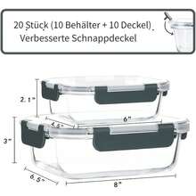 20er Set Glas Lebensmittelbehälter, 10 Behälter, 10 Transparente Deckel, Spülmaschinen, Mikrowellen- und Gefrierschrankgeeignet, Auslaufsicher - Übersicht 2