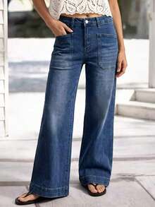 Celana Jeans Denim Stretch Wanita Model Lurus Longgar Terbaru, Gaya Kasual Musim Semi/Gugur - Dark Wash - View 5