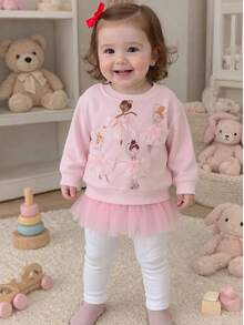 2Pcs/Set Baby & Toddler Girls Mesh Patchwork Sweatshirt Set, Ballet Girl Print Top With Frill Trim Leggings, 2 Pieces Outfit, Spring/Autumn - Pink - View 5