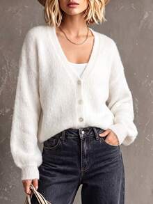 Cardigan Rajut Putih Lembut Wanita, Kerah V, Kancing, Lengan Panjang, Panjang Standar, Cocok untuk Pakaian Musim Gugur/Musim Dingin - Putih - View 2