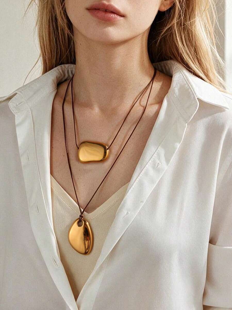GEREIT 2pcs 18k Gold Stainless Steel Polished Asymmetric Geometric Pendant Wax Rope Necklace - Gold - View 1