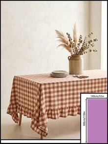 1pc Brown And White Large Plaid Ruffle Edge Tablecloth, Rustic Country Style Rectangular Same-Color Ruffle Edge Pleated Detail Decorative Functional Dining Tablecloth Suitable For Family Gatherings And Rustic Home Decor Scenes - Khaki - View 18