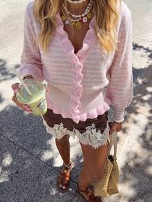 Women's Pink Striped Knit Cardigan, Vintage Elegant Ruffle V-Neck, Autumn Outfit, Suitable For Party & Gathering & Commute Wear. - Pink - View 8