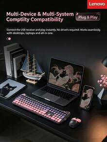 Lenovo Wireless Keyboard And Mouse Combo, Cute Cat Ear Design, Silent Keys, Suitable For Home Office Desktop And Laptop - View 8