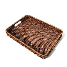 Rectangular Imitation Rattan Serving Tray Set, Hand Woven Wicker Storage Tray With Cutout Handles, Multipurpose Organizer For Kitchen Coffee Table, Farmhouse Boho Home Decor - Coffee Brown - View 4