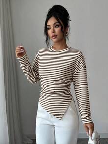 Kaos Lengan Panjang Bergaris-garis dengan Detail Ribbed, Bahu Jatuh, Hem Asimetris, Pinggang Berkerut, Potongan Slim Fit, Cocok untuk Musim Gugur/Dingin, Atasan Kasual untuk Komuter. - MultiWarna - View 8