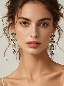 1 Pair European & American Vintage Bohemian Alloy Rhinestone Geometric Water Drop Tassel Earrings, Fashion High-End Style - Teardrop Tassel Earrings - View 1