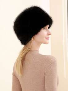 1PC Solid Color Elegant Casual Polyester Faux Fox Fur Round Top Flat Top Bucket Hat For Women, Warm, Versatile, Face-Slimming, Winter - Multicolor - View 3