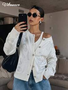 VIBEWAVE White Bow Rhinestone Single-Breasted Loose Long Sleeve Knit Cardigan Women Sweet Cool Luxury Hot Girl Style Spring Autumn Outerwear Top - White - View 2