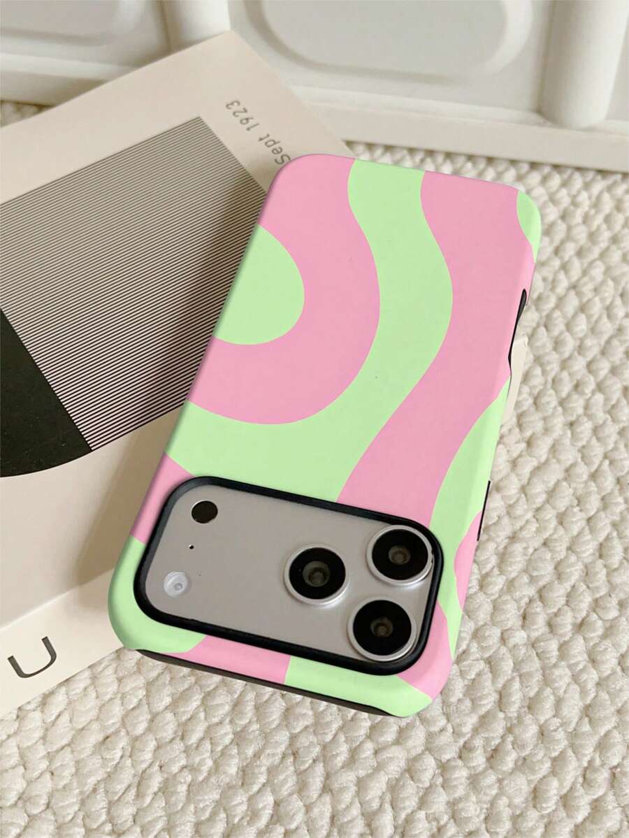 1pc Asymmetrical Wavy Element Green & Pink Color Block Wavy Pattern Phone Case, Soft Inner & Hard Outer 2-In-1 Matte Film Texture, Compatible With IPhone 11/12/12 Pro/12 Pro Max/13/13 Pro/13 Pro Max/14/14 Pro/14 Pro Max/14 Plus/15/15 Pro/15 Pro Max/15 Plus/16/16 Pro/16 Pro Max/16 Plus/17/17 Pro/17 Pro Max/Air/18 Pro/18 Pro Max - Multicolor - View 1