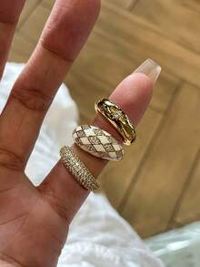 3er Set elegante luxuriöse geometrische Öltropfen-Stapelringe mit kubischem Zirkonia, offen, geeignet für den täglichen Gebrauch und Anlässe von Frauen - Goldgelb - Übersicht 7