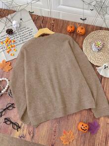 Plus Size Women Coffee Lover Halloween Good Morning Coffee Cup Pumpkin Ghost Bat Print Sweater, Suitable For Autumn/Winter Wear, Warm And Comfortable - Camel - View 6