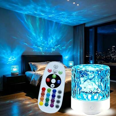 Luz nocturna de proyección de onda de agua LED de 16 colores, lámpara de cristal alimentada por USB, control remoto con batería, adecuada para sala de estar, decoración de habitación de niños, estudio y dormitorio, luz LED de cambio de color dinámico - Crea un hogar acogedor