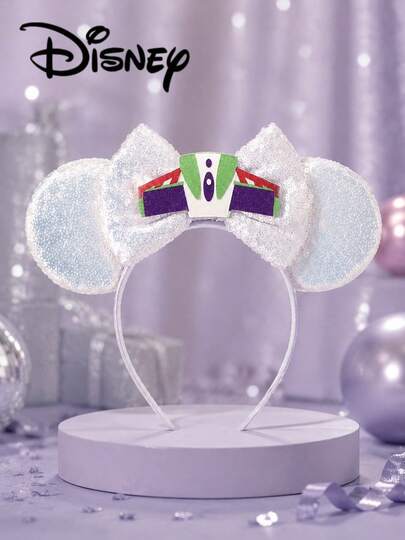1pc Disney Cartoon Sequin White Buzz Lightyear Bow Headband, Amusement Park Theme Series Mickey Minnie Ears Sequin Headpiece For Stage Performance Costume, Holiday Party Headband For Halloween, Birthday Party, Mickey Hair Accessory, Suitable For Festival Parties