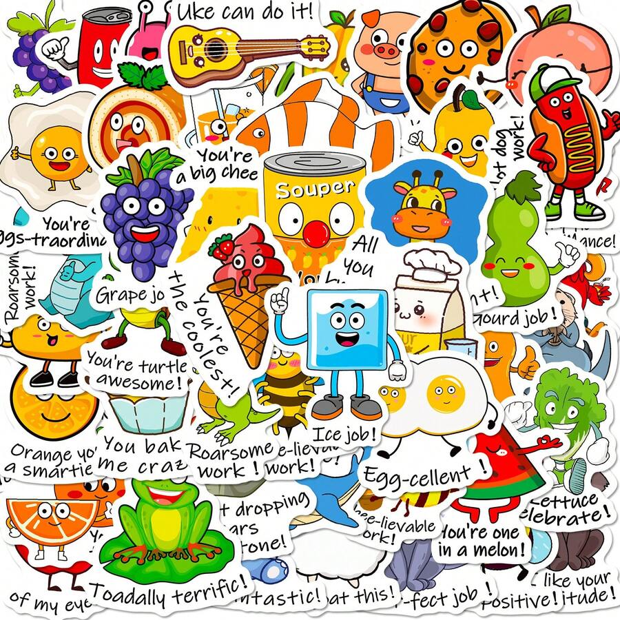 50pcs Inspirational Animal & Fruit Stickers, Fun Text Reward Fruit Doodle Stickers, Suitable For Personalizing Guitar, Notebook, Luggage, Laptop, Motorcycle, Skateboard, Perfect For Back To School, Vision Board And Other Occasions, Suitable For Teenagers - Multicolor - View 1