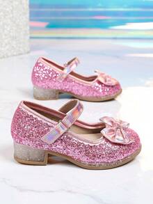 1 Pair Greet Bowknot Sequin Popular Kids High Heels, Thick Heel Anti-Slip Soft Design Sole Suitable For Party And Daily Wear - Rose Red - View 5