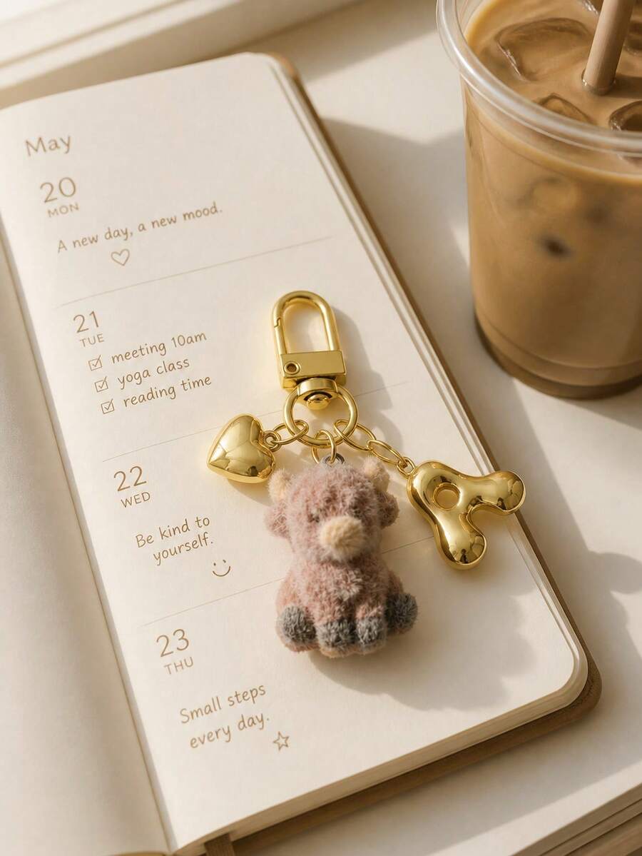 Bag Charm Flocked Calf Keychain, Bag Pendant, Backpack Charm, Decorative Accessory With Heart & Letter Metal Accent, Suitable For Girls, Students, Commuters, Birthday & Holiday Gift, Decorates Keys, Handbags, Backpacks, Daily Outfit Accent, Cute 3D Flocked Personalized Portable Accessory Gift - Multicolor - View 1