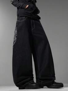 Men's Gothic Street Brand Wide Leg Jeans, Exquisite Retro Embroidery, Comfortable Versatile All-Season Long Pants (No Belt & Accessories) - Black - View 2