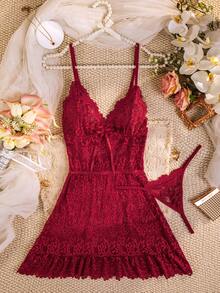 Women's Floral Lace 2 Pieces Lingerie Set, V-Neck Spaghetti Strap Ruffle Nightgown With Matching Thong - Burgundy - View 10