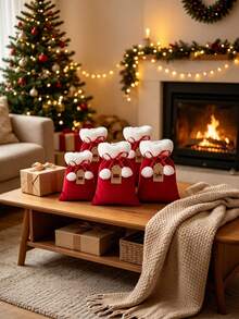 5/10pcs Drawstring Candy Gift Bags With White Pom Pom Christmas Gift Packaging Bags, Small Santa Claus Cloth Bags With Kraft Paper Tags (Random Pattern) And Rope, Suitable For Christmas Gifts, Party Favors And Holiday Table Decor - Multicolor - View 10