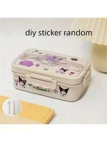 1pc Sanrio KT Cat Back To School Season Divided Lunch Box With Lid, Transparent Cover, Utensils Fork & Spoon, Reusable, Microwave Plastic Bento Box, Portable Breakfast Container, Perfect For Home Kitchen, School, Office, Travel And Outdoor Picnic, Random Stickers - Multicolor - View 6