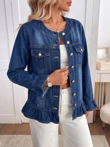 Áo khoác denim nữ màu xanh đậm viền bèo nhún phong cách thường ngày, áo thu - Rửa tối - Xem 3