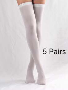 1/2/5 Pairs Women's 80D Velvet Solid Color Over-The-Knee Stockings - White - View 9