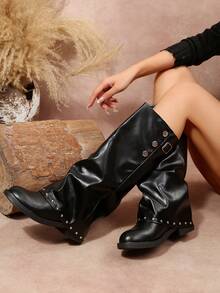 Women's Autumn/Winter Faux Leather Slouch Knee-High Boots, Y2K Punk Street Style Western Tall Boots With Metal Rivets, Buckle Detail, Low Heel Slip-On - Black - View 7