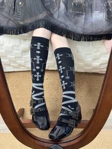 1 Pair Women's Unique Easter Halloween Party Versatile Niche Cross Jacquard Knee-High Socks - Black - View 2