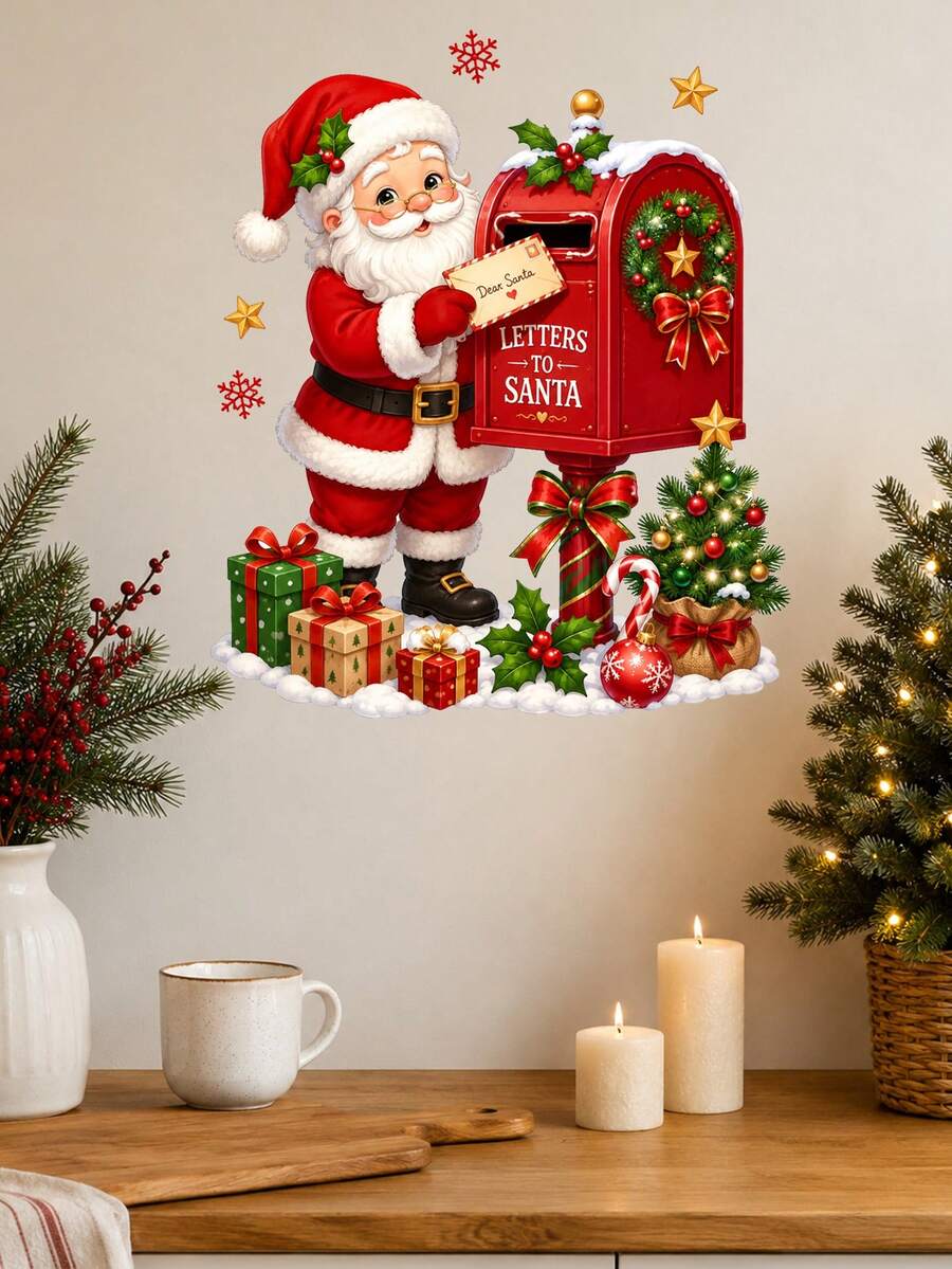 1pc Christmas Santa Snowman Letter To Santa Mailbox Wall Sticker, Cute Holiday Mailbox Scene Wall Decal With Santa Claus Snowman Christmas Tree Gift Box Design, Self-Adhesive PVC Removable Waterproof Wall Decor Sticker For Christmas Home Decoration - Christmas Wall Decals - View 1