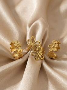 RAYQUEEN 3PCS Stainless Steel Fashion Hollow Flower Design 4-Opening Ring Set Decorative Jewelry For Women, Suitable For Daily Wear - Gold - View 3
