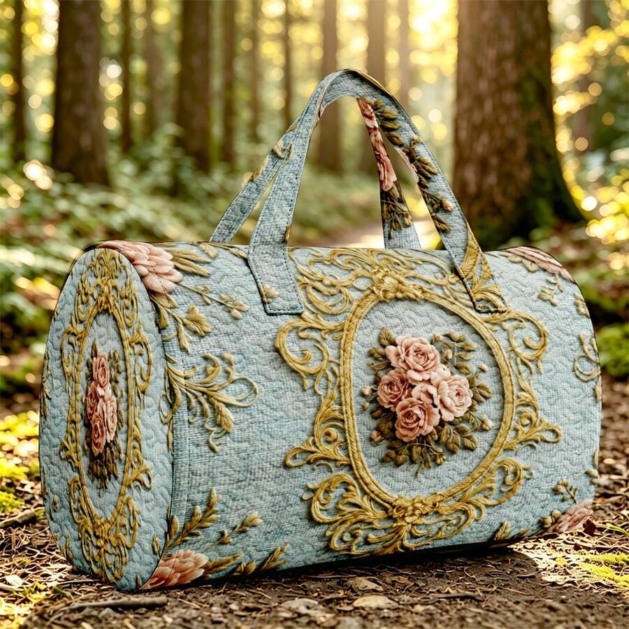 1pc Light Gray-Blue Quilted Cylinder Handbag With Baroque Rose Gold Pattern, Women's Halloween Thanksgiving Christmas Gift - Multicolor - View 1