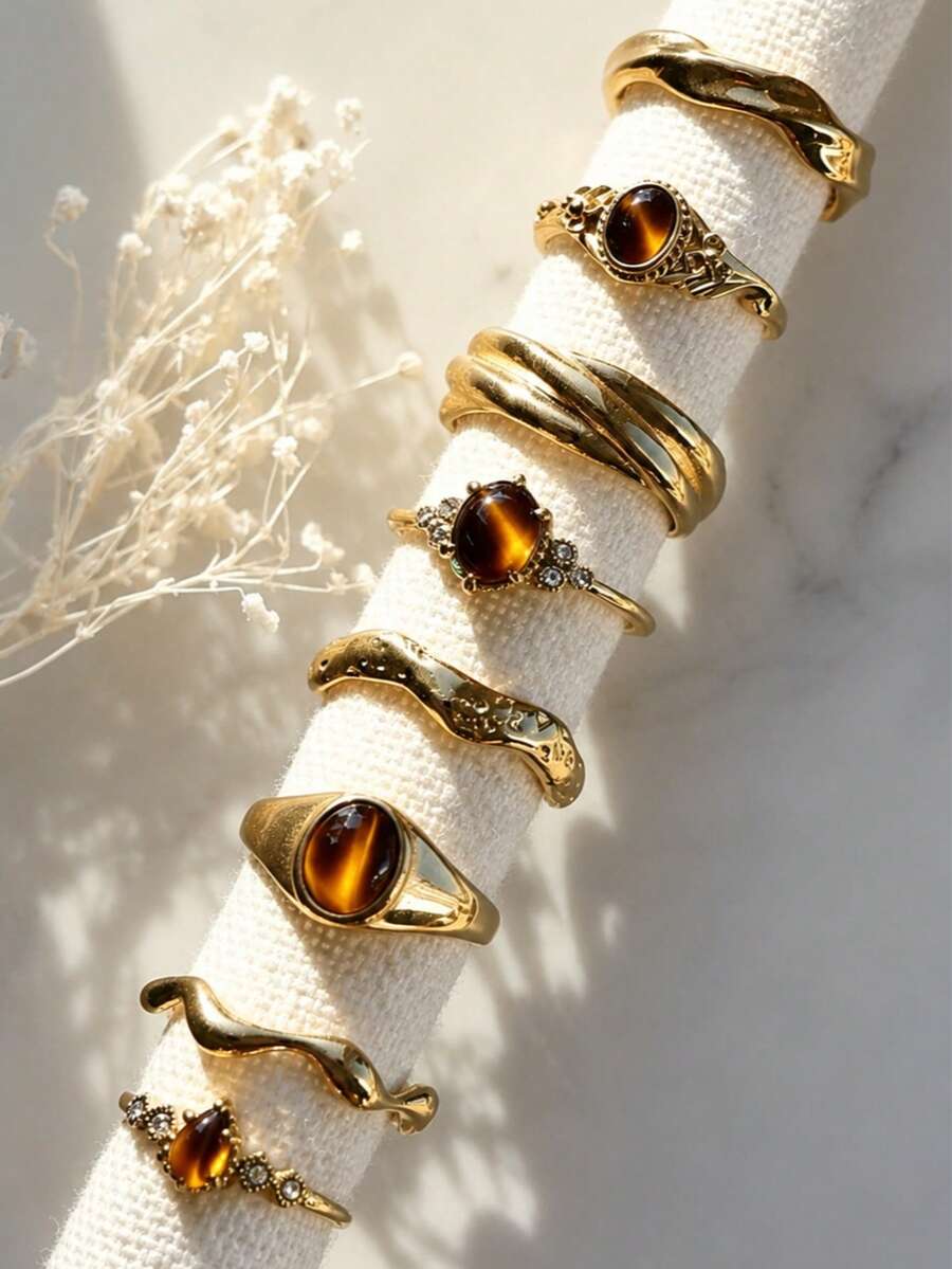 8pcs/Set Vintage Rugged Tiger Eye Stone Ring Set, Minimalist Design, Suitable For Party, Gift For Friends And Family, Daily Wear - Yellow Gold - View 1