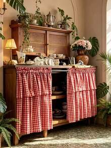 1pc Red Plaid Short Curtain Korean Vintage Style Half-Length Window Curtain Cabinet Curtain Bathroom Small Window Curtain - Multicolor - View 7