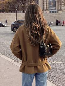 Stand Collar Double-Breasted Short Wool Coat, Loose Fit British Style Tie-Up Jacket, Autumn/Winter - Brown - View 2