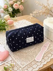 1pc Cute Polka‑Dot Quilted Makeup Pouch Soft Fabric Zipper Pen Case Portable Multi‑Purpose Storage Bag For Daily Use Cosmetics & Brushes Organization - Multicolor - View 13