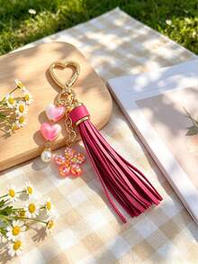 1pc Bohemian Style Heart Tassel Keychain, Heart Pendant Key Ring, Bag Charm Accessory, Women's Holiday And Daily Gift - A - View 3