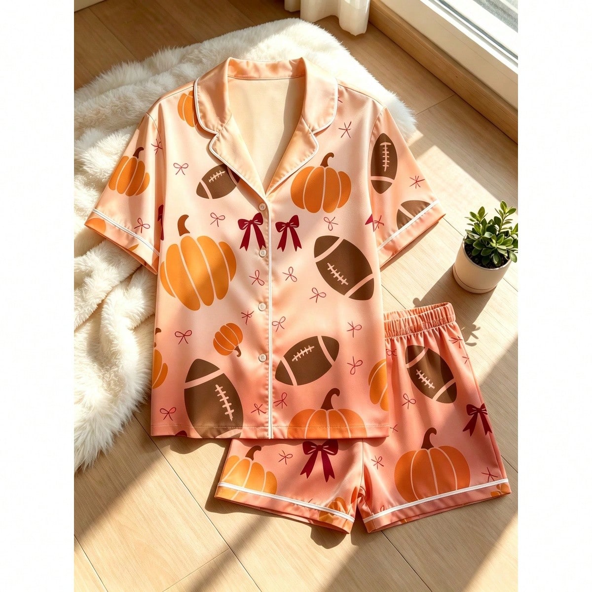 N-F-L Women's Pumpkin Football Bow Short Sleeve Shirt & Elastic Waist Shorts Pajama 2-Piece Set For Leisure, Game & Daily Home Wear