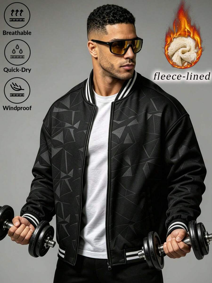 Men's Black Geometric Print Baseball Jacket, Striped Rib Collar Cuffs, Fleece Lined Loose Silhouette Streetwear Daily Casual Zip Outer Coat - Black - View 1